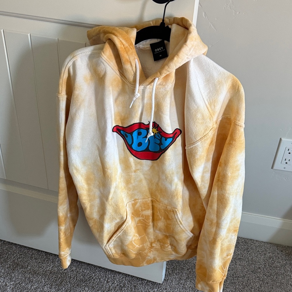 Yellow Obey Tie-Dye Hoodie with Graphic Logo